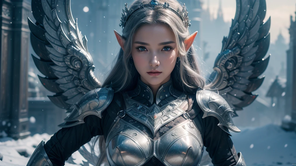 Close-up of woman holding sword and armor, Armor Girl, 2. 5D CGI anime fantasy artwork, Large Breasts,Epic fantasy digital art style, detailed Digital 2D fantasy art, Digital 2D fantasy art, original photo, (best quality:1.3), high resolution, (masterpiece), (lifelike:1.4), Professional photography, Clear focus, High Dynamic Range, 8k resolution, Intricate details, Fine details, Depth of Field, Extremely detailed CG unified 8k wallpaper, masterpiece,poster,best quality,Official Art,(Beauty and aesthetics:1.2),(masterpiece:1.3),Female Elf,individual,Light Leather Armor,complex pattern,snow,futuristic city,Medium distance photography,(early morning),dramatic,Glowing Wings,