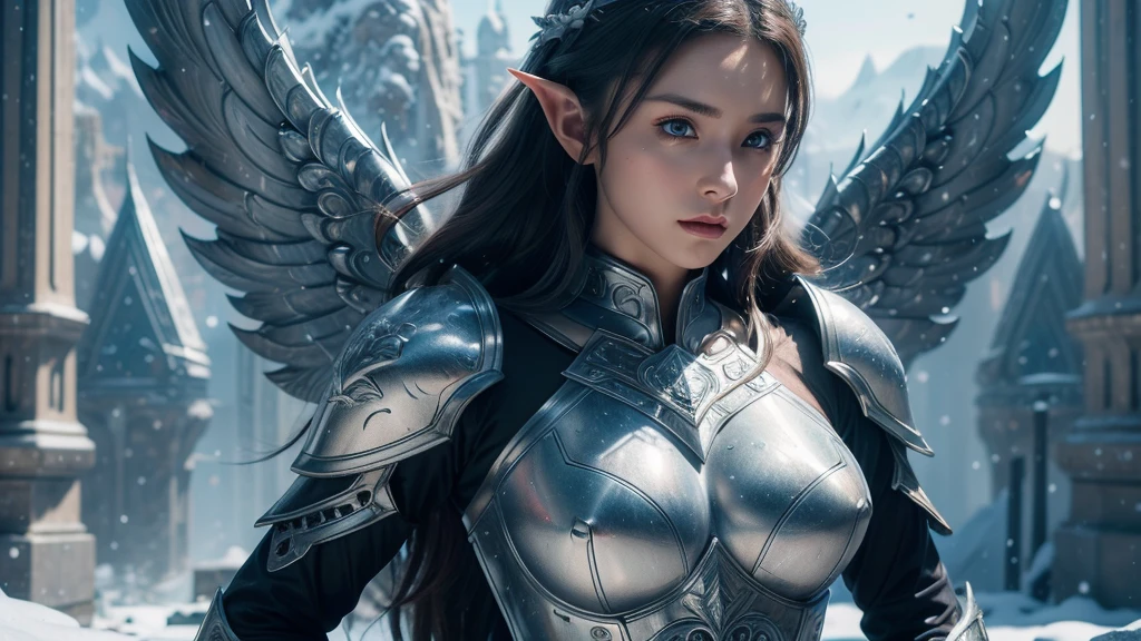 Close-up of woman holding sword and armor, Armor Girl, 2. 5D CGI anime fantasy artwork, (Large Breasts:1.8),Epic fantasy digital art style, detailed Digital 2D fantasy art, Digital 2D fantasy art, original photo, (best quality:1.3), high resolution, (masterpiece), (lifelike:1.4), Professional photography, Clear focus, High Dynamic Range, 8k resolution, Intricate details, Fine details, Depth of Field, Extremely detailed CG unified 8k wallpaper, masterpiece,poster,best quality,Official Art,(Beauty and aesthetics:1.2),(masterpiece:1.3),Female Elf,individual,Openwork leather armor,complex pattern,snow,Cyberpunk style future city,Medium distance photography,(early morning),dramatic,Glowing Wings,