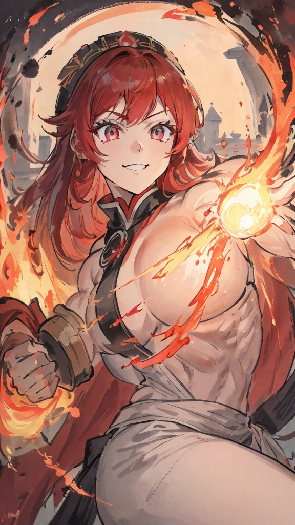 masterpiece, smile, best quality, red hair, ultra-detailed, 1girl, beautiful detailed eyes, glow, beautiful detailed fire, hypermuscle, hyper muscles, r1ge, mirrornun