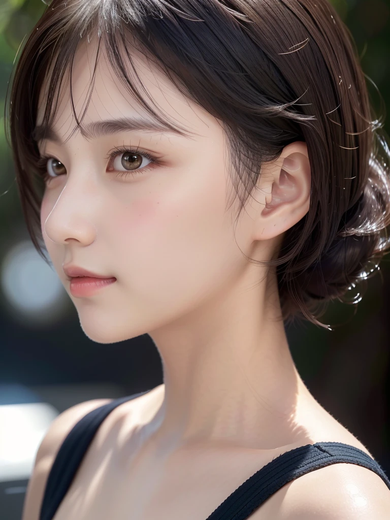 One Girl,(1人のとてもcute女の子:1.3),masterpiece,Highest quality,High resolution,From below,Low - Angle,Photorealistic,RAW Photos,Ray Tracing,beautiful girl,(:1.3),cute,Big eyes,(detailed pupils:1.2),(Face turned to the side:1.3),Cute nose,Beautiful nose,Upturned nose,Fuller lips,Short black hair,ponytail,short hair,Detailed eyelashes,Thin eyebrows,Very fine grain definition,(profile:1.3),(Face close-up,Face Focus:1.0),Small breasts,Short neck,Off the shoulder,People emerge,Dark Background,forest,Portrait,Look to the side,Upper Body,Cinema Lighting,High resolution,Very detailed