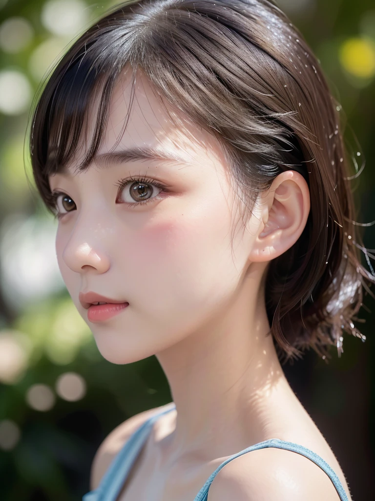 One Girl，(1人のとてもcute女の子:1.3)，masterpiece，Highest quality，High resolution，From below，Low - Angle，Photorealistic，RAW Photos，Ray Tracing，beautiful girl，(15 years old:1.3)，cute，Big eyes，(detailed pupils:1.2)，(Face turned to the side:1.3)，Cute nose，Beautiful nose，Upturned nose，Fuller lips，Short black hair，ponytail，short hair，Detailed eyelashes，Thin eyebrows，Very fine grain definition，(profile:1.3)，(Face close-up，Face Focus:1.0)，Small breasts，Short neck，Off the shoulder，People emerge，Dark Background，forest，Portrait，Look to the side，Upper Body，Cinema Lighting，High resolution，Very detailed