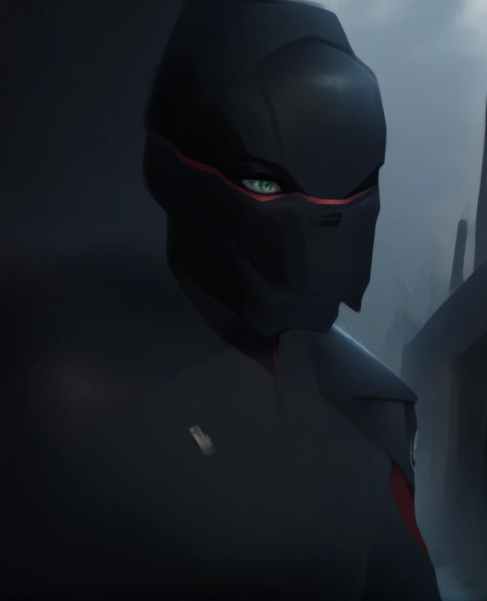 score_9,score_8_up,score_7_up,score_6_up, Trilla,green eyes,black hair, upper body, wet, armor,gloves,black bodysuit,black cape,belt,rain, science fiction,sith base, star wars, outdoors, rain, solo,fflixbag wearing armor sabine wren