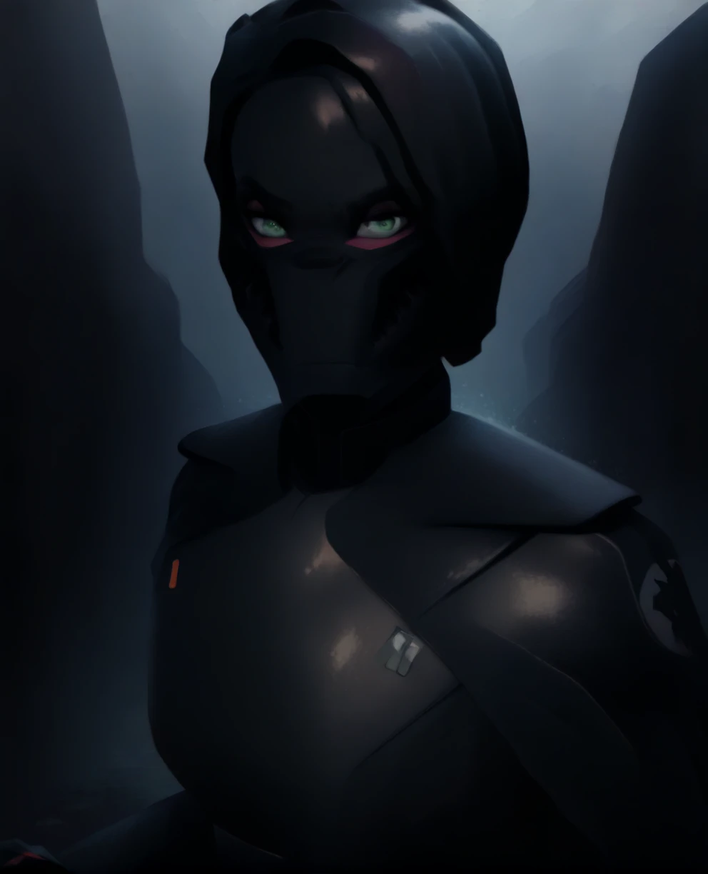 score_9,score_8_up,score_7_up,score_6_up, Trilla,green eyes,black hair, upper body, wet, armor,gloves,black bodysuit,black cape,belt,rain, science fiction,sith base, star wars, outdoors, rain, solo,fflixbag wearing armor sabine wren
