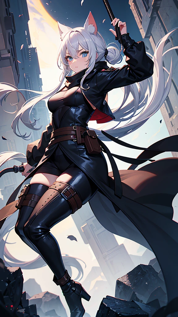 work of art, best qualityer, high resolution, 1 girl, synonym 1, scarf, mitts, ninja mask, long sleeves, leather pants, White hair, Cat's ears, cat tail, roupas de rogue, leather pants, thigh strap, holding, holding faca, heterochromia, yellow eye, blue eye, 14 eyes old, hooded cloak, rogue, ninja, ruins, Mediovale