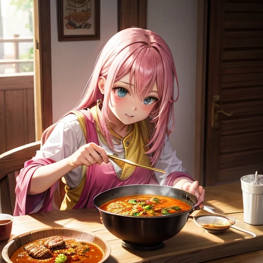 Pink hair eating curry Indian traditional clothing