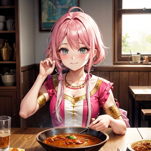 Pink hair eating curry Indian traditional clothing