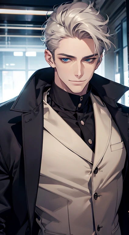 (best quality, masterpiece, 8K, photorealistic, cinematic lighting, 1:4 hdr image, ultra detailed, beautiful image), a mature man, 25 years very handsome, ((cold expression smile in love)), short grey hair, blue eyes, face perfect without mistakes, ((buttoning his jacket, CEO)), smile.