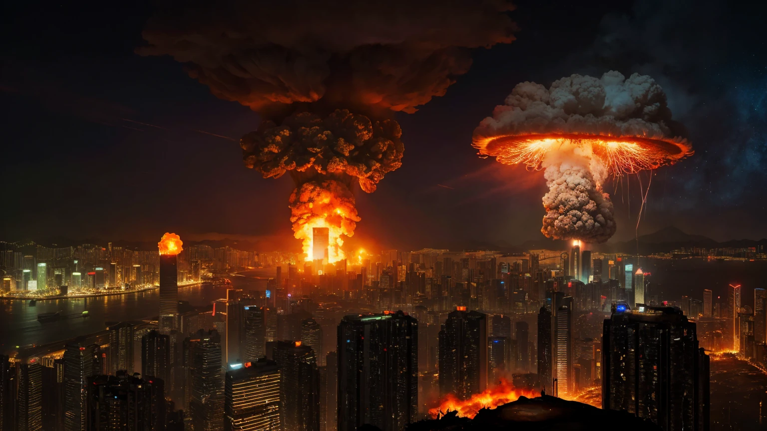 1 bright gigantic nuclear explosion with mushroom cloud at Kowloon, explanding shockwave, Desolate wreckage, apocalyptic, city in ruined, dark night time, masterpiece, highest quality, Surrealism