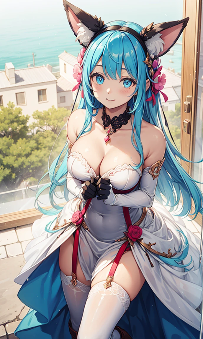 virgin,Light temptation,Have fun,in love,(Magical ice transparent white dress),Black gloves,Pink Hair,blue eyes,Fox Ears,Transparent clothing is visible,Delicate hair accessories,Transparent lace,Sky blue pattern,night,Beautifully dressed,Bedroom,The only person,night,Carved suspender boots