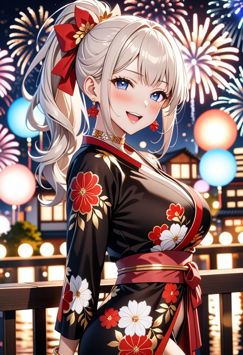 ((One personの女性)), Beautiful Face, (Laughing embarrassedly), (seductive smile:1.4), ((Wink:1.9)), (head tilt:1.3), Laugh with your mouth wide open, upper teeth, looking at viewer, ((full-face blush:1.6)),Glossy Red Lips,Night view, High terrace, firework, Glossy red lips, Shining Face, ((Anime style background)),masterpiece, Highest quality, so beautiful,up to date, Complex details, (Pink long nails),(ring),(bracelet),(Floral choker),AI-generated, Complex,High resolution, Highest quality, super high quality,3D Images、3D Images,One person,Long white hair,High Ponytail, Anime woman posing for a photo,(blue eyes), ((Fine grain、Silvery white, lightly pigmented eyes、Shining Eyes:1.3)), (Squint your eyes:1.1),a hyperRealistic , hyperRealistic , Realistic,Anime woman with long white hair, Smooth anime CG art, A woman in a colorful kimono with gold embroidery, ((Black long sleeve kimono)),Red floral pattern,Long flower hair ornament,Earrings,Mature Body,(Big Breasts:1.1),Tall,Abdominal muscles,Tight waist,(Leaning forward), (hip focus:1.1), ((looking back)),