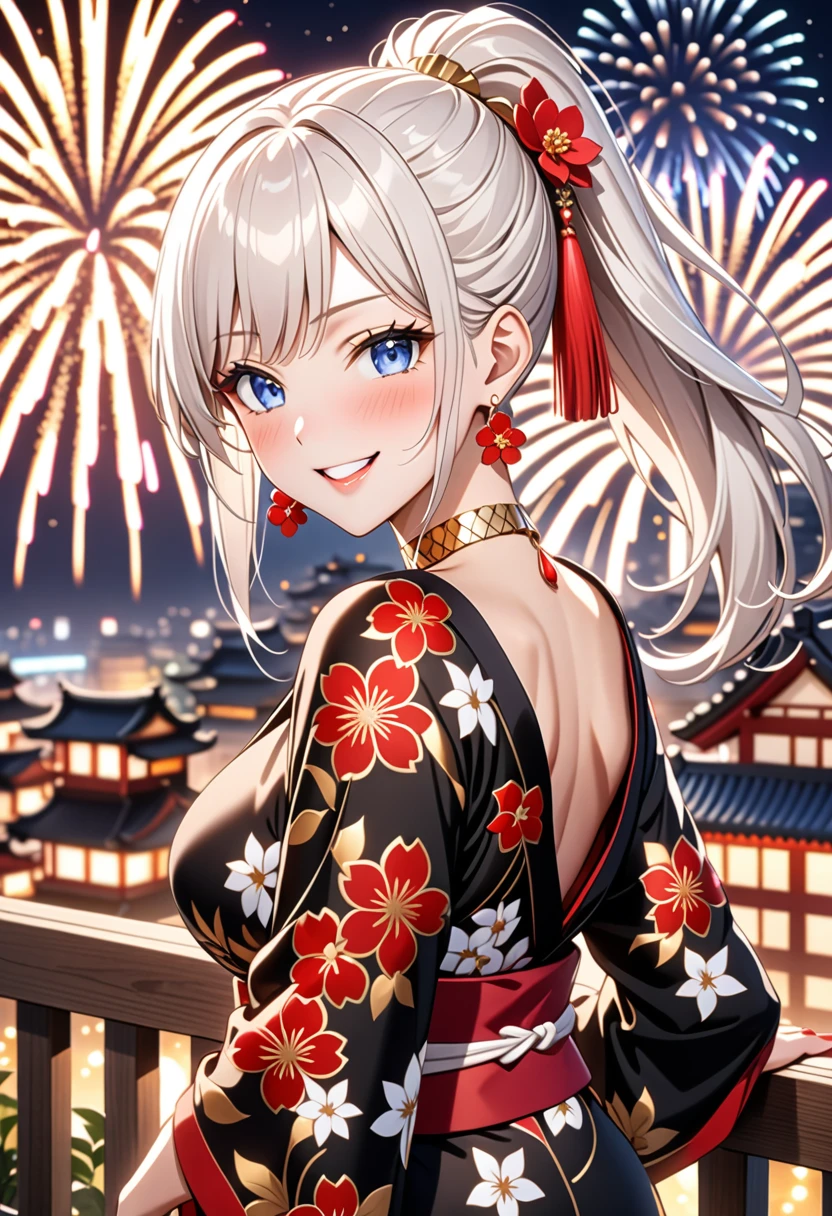 ((One personの女性)), Beautiful Face, (Laughing embarrassedly), (seductive smile:1.4), ((Wink:1.9)), (head tilt:1.3), Laugh with your mouth wide open, upper teeth, looking at viewer, ((full-face blush:1.6)),Glossy Red Lips,Night view, High terrace, firework, Glossy red lips, Shining Face, ((Anime style background)),masterpiece, Highest quality, so beautiful,up to date, Complex details, (Pink long nails),(ring),(bracelet),(Floral choker),AI-generated, Complex,High resolution, Highest quality, super high quality,3D Images、3D Images,One person,Long white hair,High Ponytail, Anime woman posing for a photo,(blue eyes), ((Fine grain、Silvery white, lightly pigmented eyes、Shining Eyes:1.3)), (Squint your eyes:1.1),a hyperRealistic , hyperRealistic , Realistic,Anime woman with long white hair, Smooth anime CG art, A woman in a colorful kimono with gold embroidery, ((Black long sleeve kimono)),Red floral pattern,Long flower hair ornament,Earrings,Mature Body,(Big Breasts:1.1),Tall,Abdominal muscles,Tight waist,(Leaning forward), (hip focus:1.1), ((looking back)),
