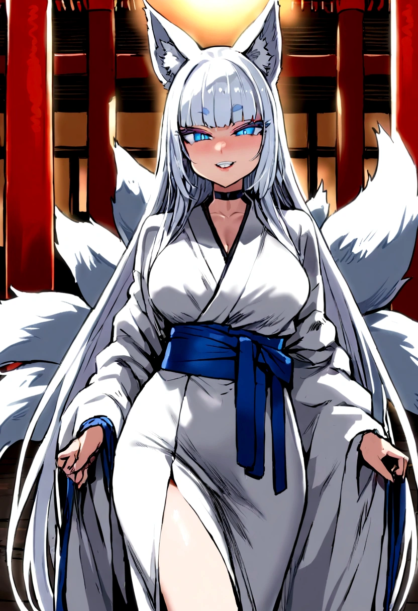 masterpiece, best quality, kitsune 1girl, solo, beautiful kitsune woman, fox ears, bangs, white hair, very long hair, blue eyes, grin, medium breasts, black choker, white kimono, long kimono, long kimono sleeves, blue sash, 5 white fox tails, white hair, looking at viewer, shrine background
