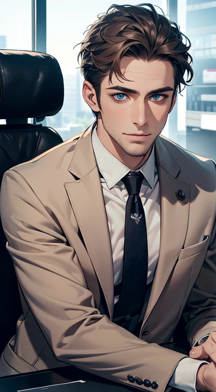 (best quality,4k,8k,highres,masterpiece:1.2),ultra-detailed,(realistic,photorealistic,photo-realistic:1.37),1 man,31 years old,mature man,very handsome,without expression,smile,short grey brown hair,blue eyes,penetrating gaze,perfect face without errors,imposing posture,businessman,office background,cinematic lighting,hdr image