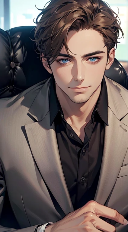 (best quality,4k,8k,highres,masterpiece:1.2),ultra-detailed,(realistic,photorealistic,photo-realistic:1.37),1 man,31 years old,mature man,very handsome,without expression,smile,short grey brown hair,blue eyes,penetrating gaze,perfect face without errors,imposing posture,businessman,office background,cinematic lighting,hdr image