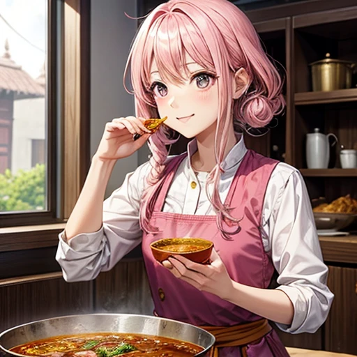 Pink hair eating curry Indian traditional clothing Isekai Cafeteria