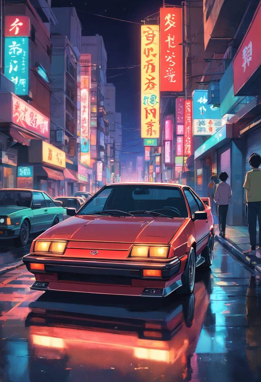 Cover of a book illustrating a Toyota Trueno AE86 model car under the night and in the background a city illuminated by the lights of the buildings.

The neon color palette; red, negro, yellow, Orange, Lime green and white