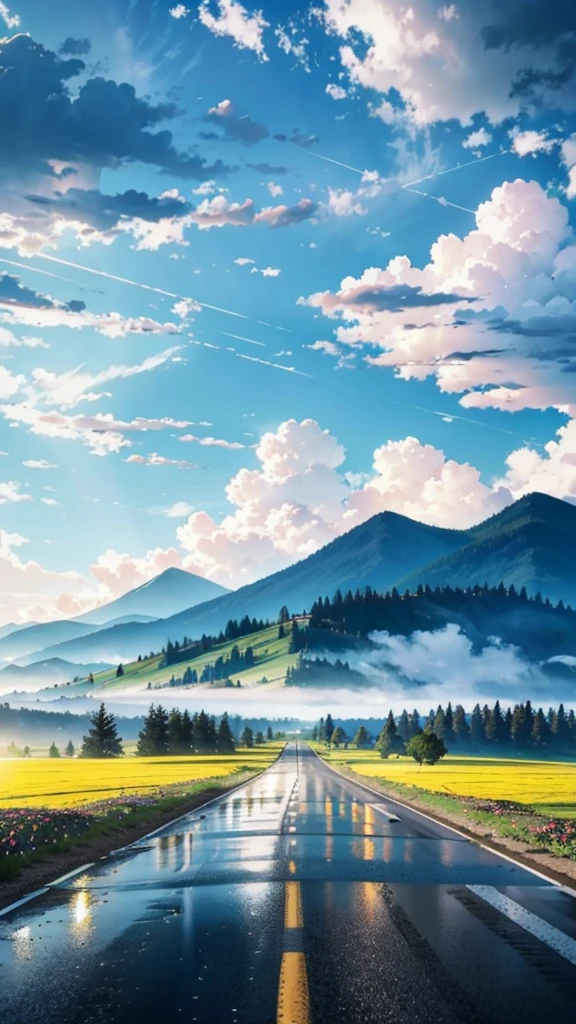 plains, Wide highways, Flowers and trees in the middle and on both sides of the road, Sunny and rainy, Half rainy and half sunny, Light through the clouds, Raindrops in the air, Mountains in the distance, Mountain vegetation