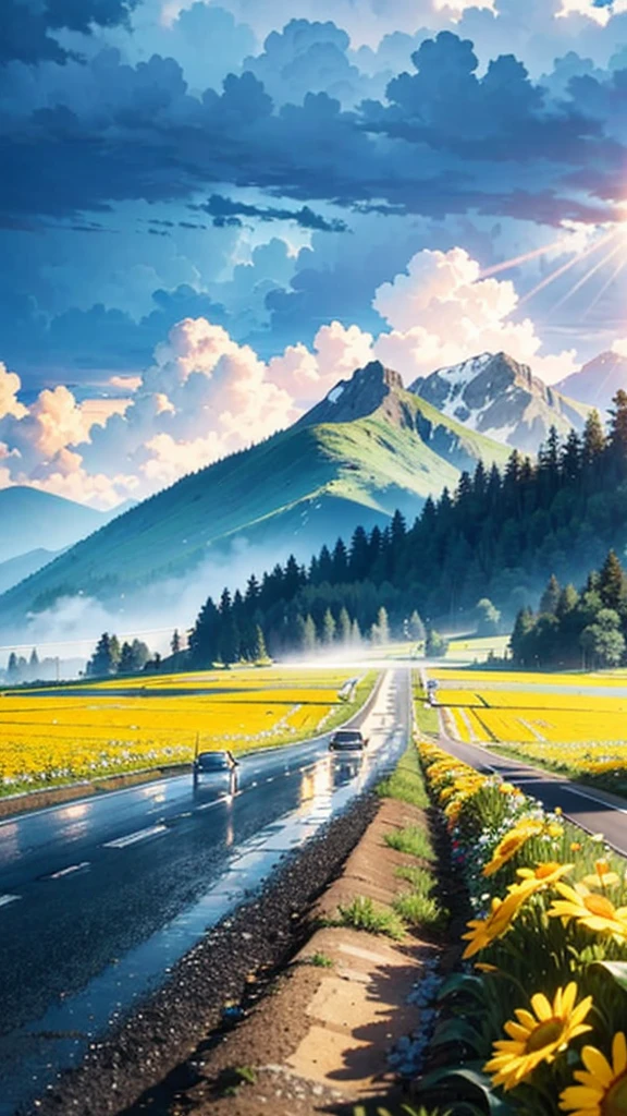 plains, Wide highways, Flowers and trees in the middle and on both sides of the road, Sunny and rainy, Half rainy and half sunny, Light through the clouds, Raindrops in the air, Mountains in the distance, Mountain vegetation