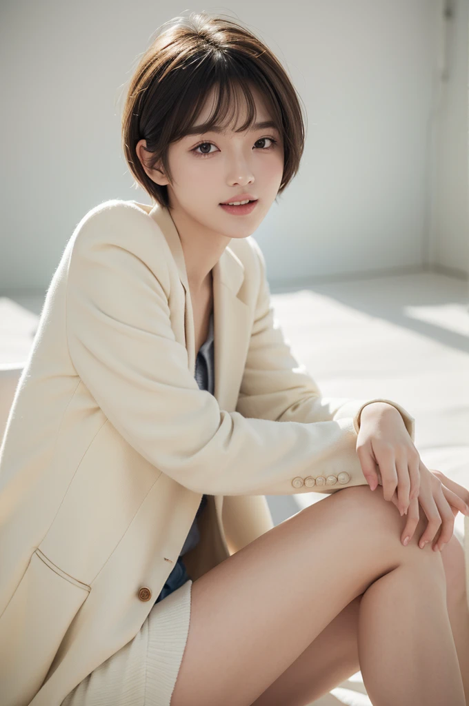 (masterpiece:1.2), (highest quality), (Looks like a whole body:1.3) ,(super detailed), (8k, Complex), (lens 135mm,f1.8), (realistic)(black background:1.3), portrait photography,(dynamic pose),side lighting,edge lights up,best shadow,Area light source,perfect anatomy,perfect face shape,perfect for women,finest female body,Improves skin texture,fine cloth pattern,precise beauty,delicate and delicate skin,highly detailed skin,pale skin,delicate hair,glowing skin,highest quality, Realistic, 8k, khd, 1 girl, perverted woman, (Looks like a whole body:1.3), School,Slut, blazer jacket, tight mini skirt、(coverd nipples:0.2), uniform,visible nipples, without pants, The skirt is pulled up boldly, (legs open), bend your knees and open your legs, (short bob hair, brown hair),A buttoned-up shirt flaps、necklace, looking at camera、looking at the camera、smile、Female dog