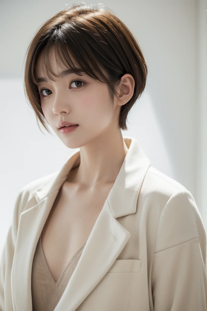 realistic light,natural light,white background,최고 quality、8 thousand、32,000、masterpiece、uhd:1.2) quality, primitive photorealism, Urban, Feminine, hair portfolio, laugh, Beautiful girl, cute, Short hair, depth of field, high resolution, ultra detail, Highly detailed eyes and face,small eyes,Short hair,short cut,short hair,Ivory Jacket, bob cut, Short hair perm, Short hair perm, short hair hippie, Short wave