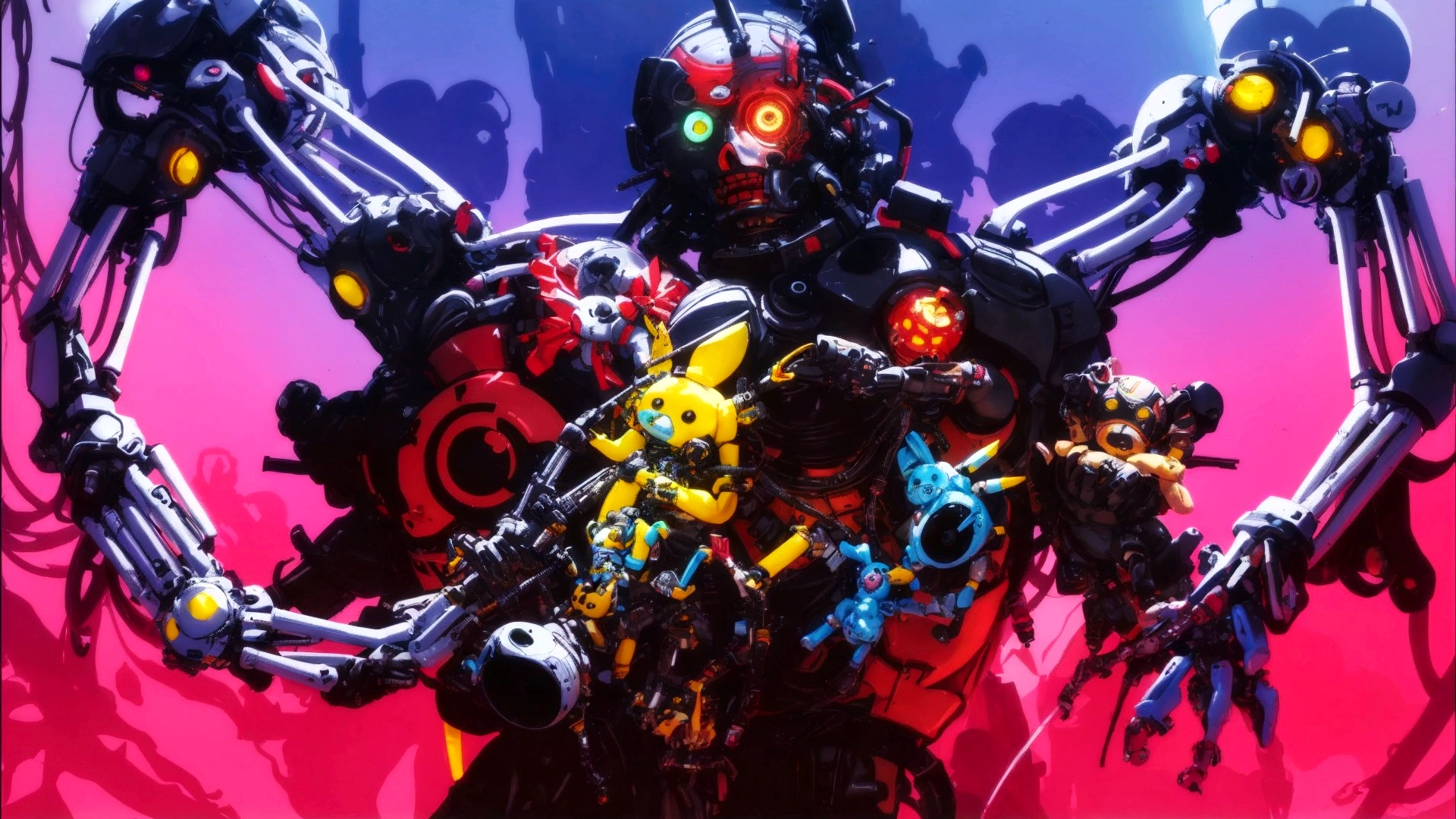 there is a robot with many arms and legs, holding a bunch of toys: (baby elephant,chick,puppy,bunny) toys on chest, Love death and Robots, anime robotics, mixed with organics, reypunk, Official work of art, cool composition, Neon punk, Love death + Robots, death and Robots, Colorful sci-fi steampunk, Cyberpunk Pikachu, Cyberpunk, bright colors, bright fan art, high detailed Official work of art, cyber core