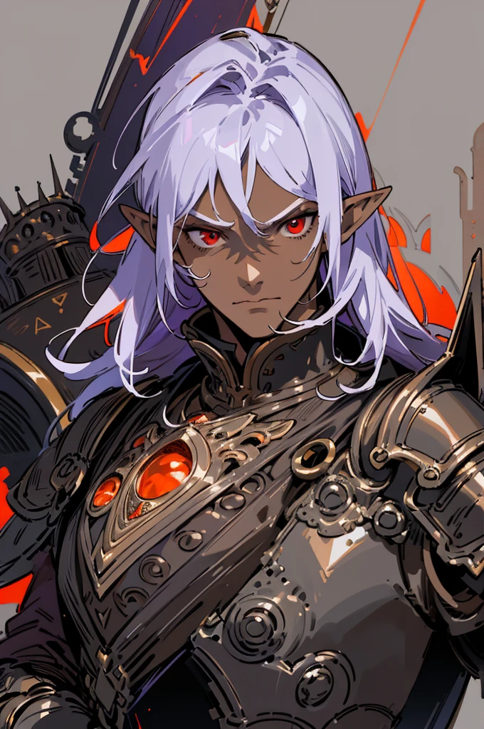 masterpiece, best quality, ultra high res, dark theme, 1boy, (dungeonpunk armor), (mechanical steampunk armor), (wearing armor), fantasy illustration, dark skinned, human, upper body, portrait, red eyes, long white hair, half-drow, pointy ears, serious face, young man, dramatic lighting, purple hue, art by Kinema Citrus
