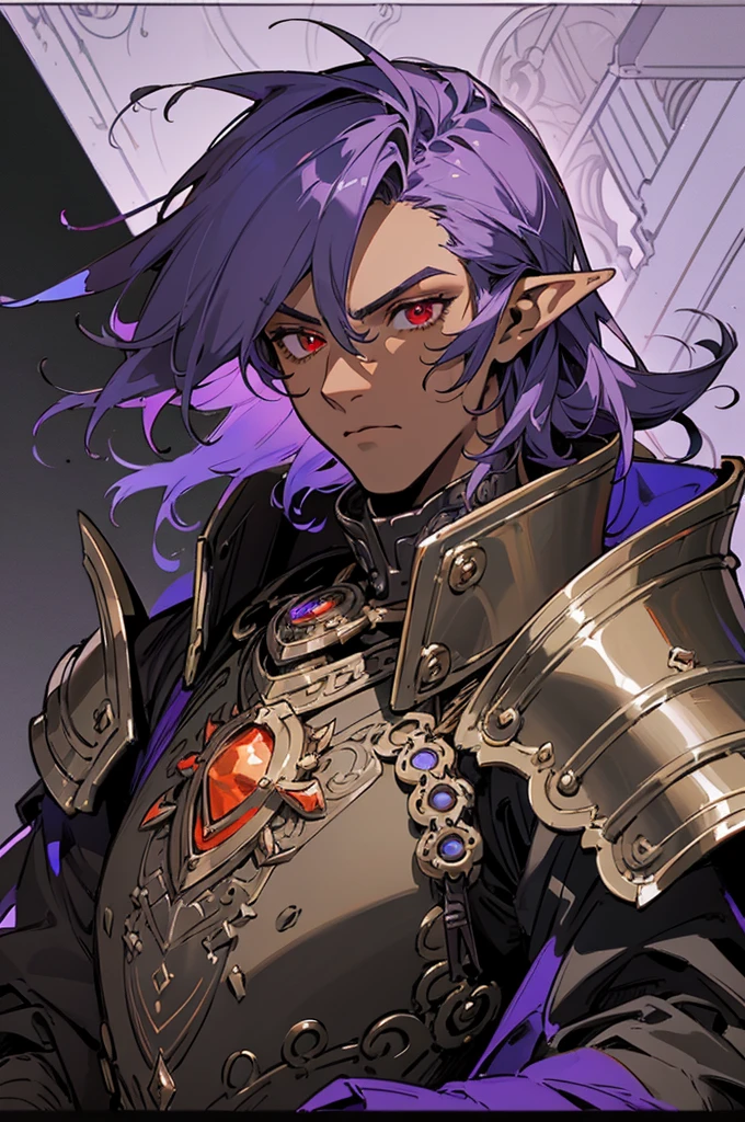 masterpiece, best quality, ultra high res, dark theme, 1boy, (dungeonpunk armor), (mechanical steampunk armor), (wearing armor), fantasy illustration, dark skinned, human, upper body, portrait, red eyes, long white hair, half-drow, pointy ears, serious face, young man, dramatic lighting, purple hue, art by Kinema Citrus