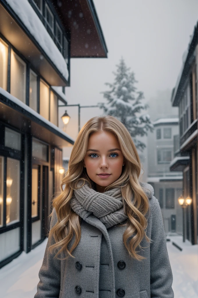 professional portrait photograph of a gorgeous Norwegian girl in winter clothing with long wavy blonde hair, sultry flirty look, gorgeous symmetrical face, cute natural makeup, wearing elegant warm winter fashion clothing, ((standing outside in snowy city street)), stunning modern urban environment, ultra realistic, concept art, elegant, highly detailed, intricate, sharp focus, depth of field, f/1. 8, 85mm, medium shot, mid shot, (((professionally color graded))), bright soft diffused light, (volumetric fog), trending on instagram, hdr 4k, 8k