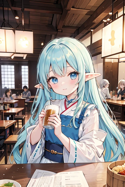 Elf、sake、girl、Light and pale blue、10 years old、Beer one hand、Drunk、banquet