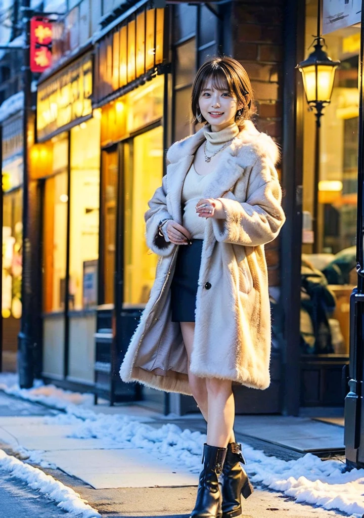 Outdoors in the city、Fur coat、豪華なグレーのミンクのFur coat、Wear leather boots、Luxury Bags、Inner turtleneck、Silver necklace and small silver earrings, Illionaire style:1.4））、Full body photo、smile、 Caustics、Highly detailed photos、Very beautiful woman 、Ample breasts、No makeup、(8K、RAW Photos、Highest quality、masterpiece:1.2)、(Realistic、Realistic)、1 Girl、((Medium Short Hair、Midwinter、Cold region Snow falling、The wind is blowing、Fluttering Hair、Blur the background、Colorful illuminations、Looking into the camera:1.4))、
