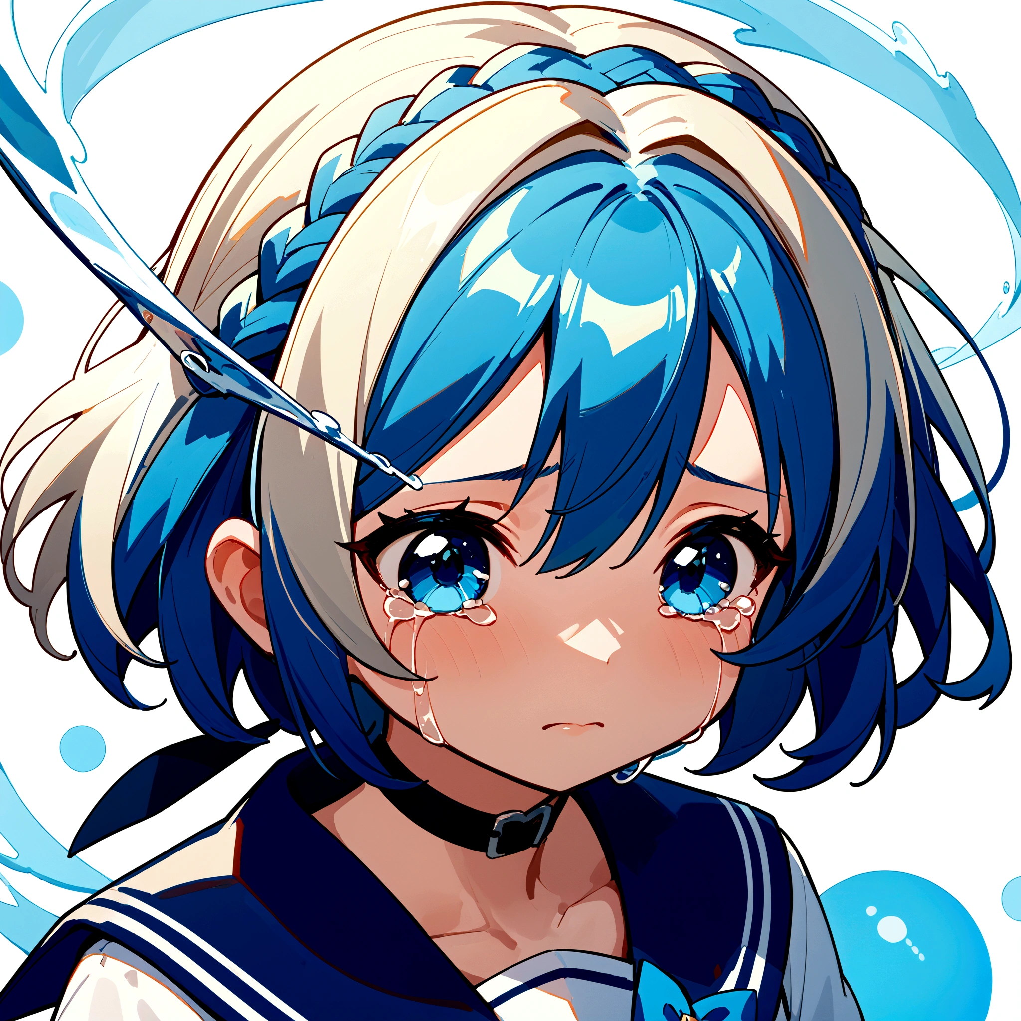 score_9, score_8_up, score_7_up, score_6_up, score_5_up, score_4_up,source_anime,rating_safe,rating_questionable,masterpiece, best quality, perfect anatomy , very aesthetic , absurdres , BREAK ,1girl,crownbraid-hair,blue and white mix hair,(close up face:1.5),short hair,white background, (crying,very sad:1.4),cute,icon-style,simple background,sailor dress,blue eyes