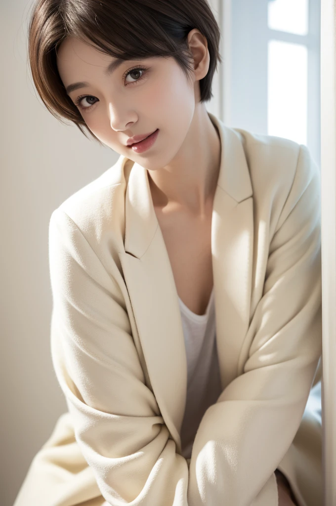 realistic light,natural light,white background,최고 quality、8 thousand、32,000、masterpiece、uhd:1.2) quality, primitive photorealism, laugh, Beautiful girl, cute, Short hair, depth of field, high resolution, ultra detail, Highly detailed eyes and face,small eyes,Short hair,short cut,short hair,Ivory Jacket