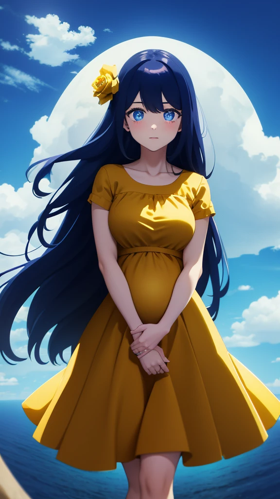 Pregnant women in yellow dress,blue long hair, 4k high detaile no water makes, blue eye , high quality  ,one hand in rose 