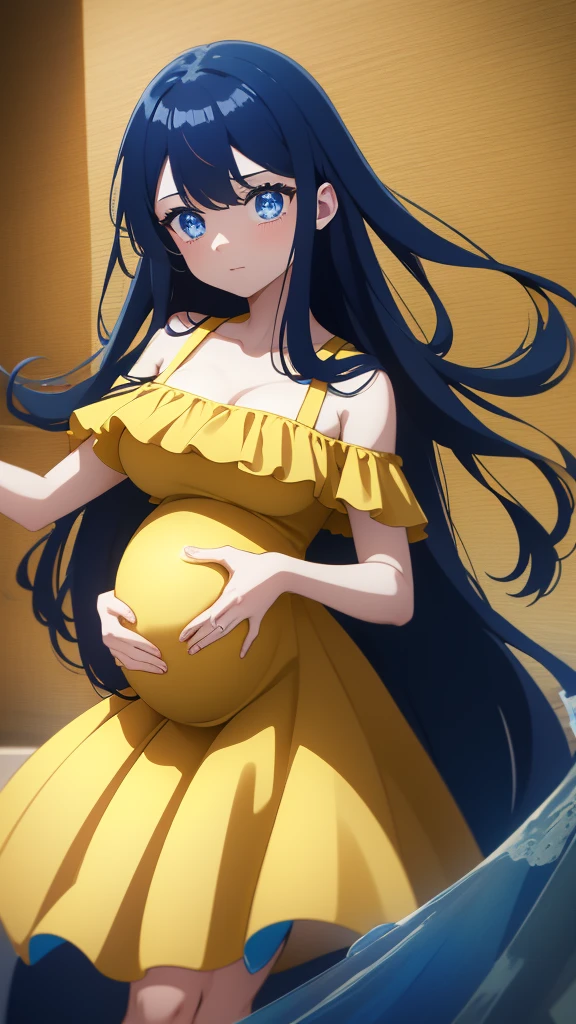 Pregnant women in yellow dress,blue long hair, 4k high detaile no water makes, blue eye , high quality  ,one hand in rose 