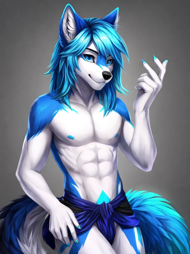 complete body, Femboy wolf, white thumb, blue colored eyes, white shoulder-length hair with blue highlights,with blue tail