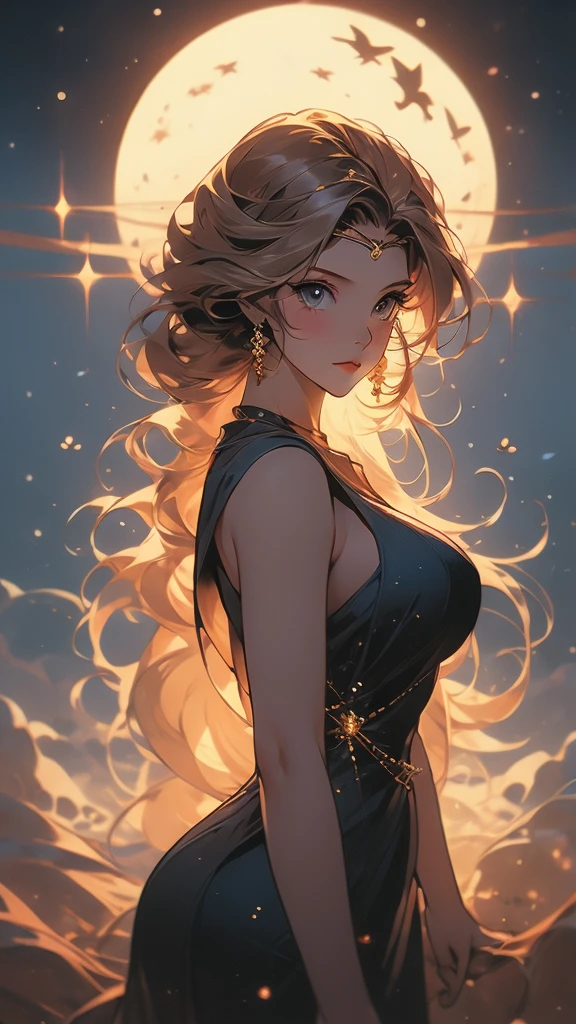 a close up of a cartoon of a woman in a dress, the sailor galaxia. beautiful, lunar goddess, celestial goddess, moon goddess, goddess of space and time, brittney lee, queen and ruler of the universe, cosmic goddess, goddess of greek mythology, venus goddess, goddess of light, goddess of the moon, ancient goddess