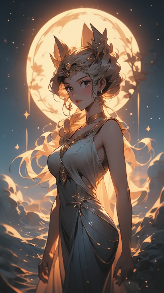 a close up of a cartoon of a woman in a dress, the sailor galaxia. beautiful, lunar goddess, celestial goddess, moon goddess, goddess of space and time, brittney lee, queen and ruler of the universe, cosmic goddess, goddess of greek mythology, venus goddess, goddess of light, goddess of the moon, ancient goddess