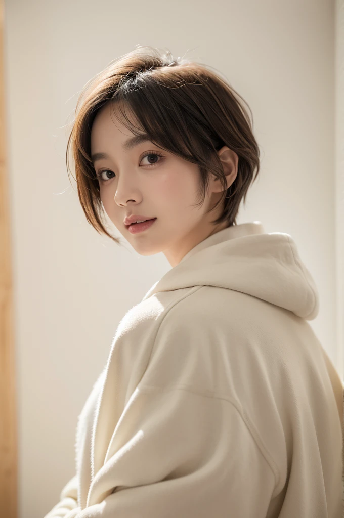 realistic light,natural light,white background,최고 quality、8 thousand、32,000、masterpiece、uhd:1.2) quality, primitive photorealism, laugh, Beautiful girl, cute, Short hair, depth of field, high resolution, ultra detail, Highly detailed eyes and face,small eyes,Short hair,short cut,short hair,Ivory Jacket
