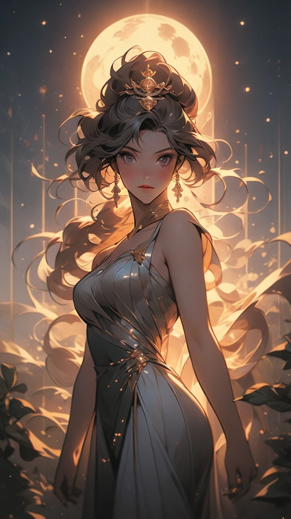 a close up of a cartoon of a woman in a dress, the sailor galaxia. beautiful, lunar goddess, celestial goddess, moon goddess, goddess of space and time, brittney lee, queen and ruler of the universe, cosmic goddess, goddess of greek mythology, venus goddess, goddess of light, goddess of the moon, ancient goddess