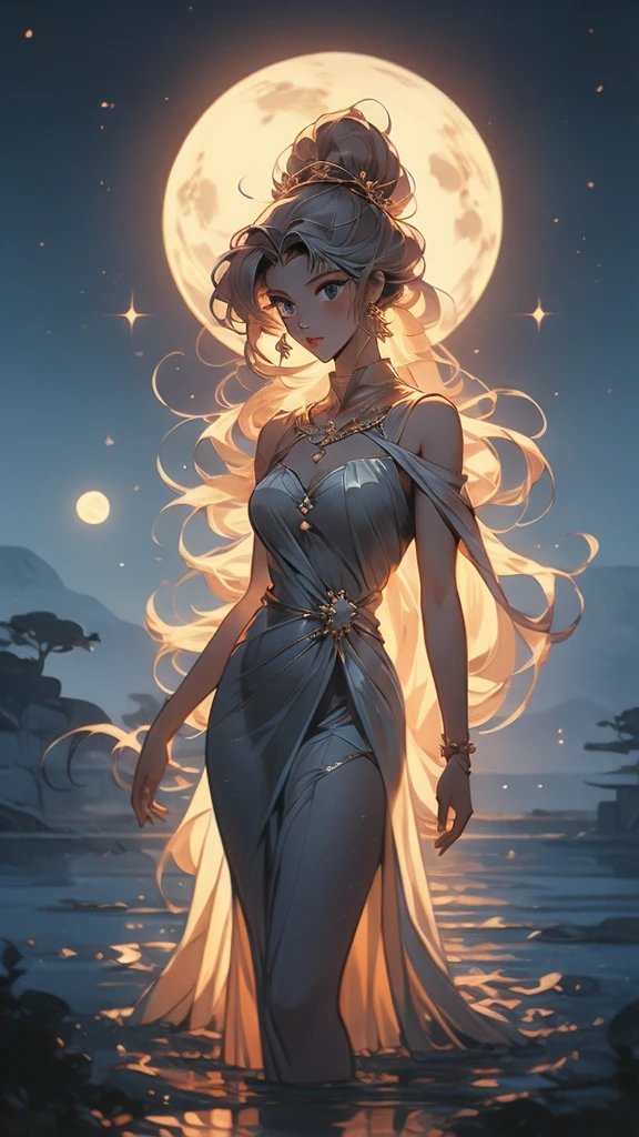 a close up of a cartoon of a woman in a dress, the sailor galaxia. beautiful, lunar goddess, celestial goddess, moon goddess, goddess of space and time, brittney lee, queen and ruler of the universe, cosmic goddess, goddess of greek mythology, venus goddess, goddess of light, goddess of the moon, ancient goddess