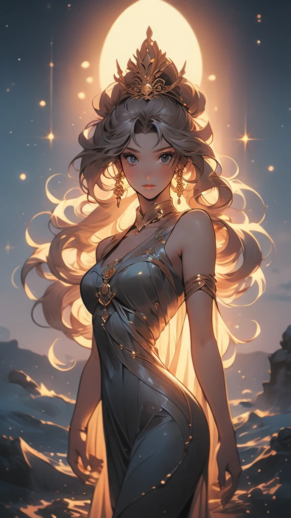 a close up of a cartoon of a woman in a dress, the sailor galaxia. beautiful, lunar goddess, celestial goddess, moon goddess, goddess of space and time, brittney lee, queen and ruler of the universe, cosmic goddess, goddess of greek mythology, venus goddess, goddess of light, goddess of the moon, ancient goddess