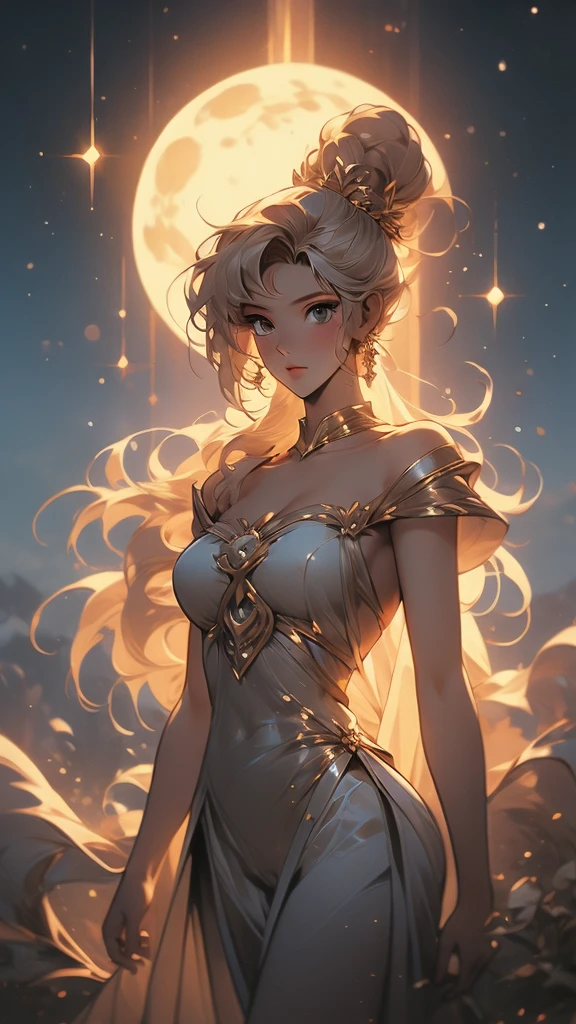 a close up of a cartoon of a woman in a dress, the sailor galaxia. beautiful, lunar goddess, celestial goddess, moon goddess, goddess of space and time, brittney lee, queen and ruler of the universe, cosmic goddess, goddess of greek mythology, venus goddess, goddess of light, goddess of the moon, ancient goddess