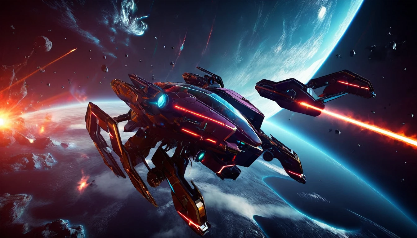 Surreal space war、Epic space battles、Dramatic and chaotic sci-fi scenes、Cinematic cartoon style、Dynamic action poses、Glowing Energy Effect、Complex machine details、Bold contrasting colors、Chiaroscuro Lighting、Dramatic camera angles、Highly detailed digital art、Beautifully rendered