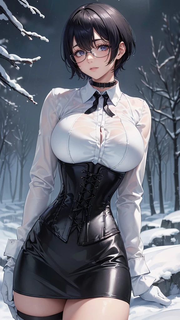 Masterpiece, Best Quality, (perfect anatomy,realist:1.3, acostada en la snow,  facial focus,(without looking at the viewer:1.2),  (1 girl in:1), 1 woman, (big breasts:1.2), Closed eyes. sexy body, thin waist, Attractive front curves, round and soft chest, disgusted face,  (black fur:1.6, short hair), evening, Heavy Rain, exterior, City, crop top, he wears transparent glasses, choker 1:6, (White long sleeve collar shirt:1.4), (corset　black leather), black gloves covering up to the elbow, (shiny black tight mini skirt), blood stains, snowy dark forest, snow, night sky, Atmosphere, perfect hands