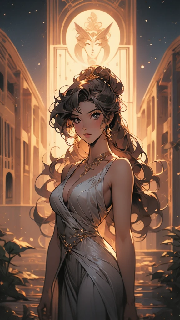 a close up of a cartoon of a woman in a dress, the sailor galaxia. beautiful, lunar goddess, celestial goddess, moon goddess, goddess of space and time, brittney lee, queen and ruler of the universe, cosmic goddess, goddess of greek mythology, venus goddess, goddess of light, goddess of the moon, ancient goddess