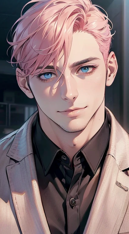 (best quality,4k,8k,highres,masterpiece:1.2),ultra-detailed,(realistic,photorealistic,photo-realistic:1.37),1 man,31 years old,mature man,very handsome,without expression,smile,short pink hair,blue eyes,penetrating gaze,perfect face without errors,imposing posture,businessman,office background,cinematic lighting,hdr image