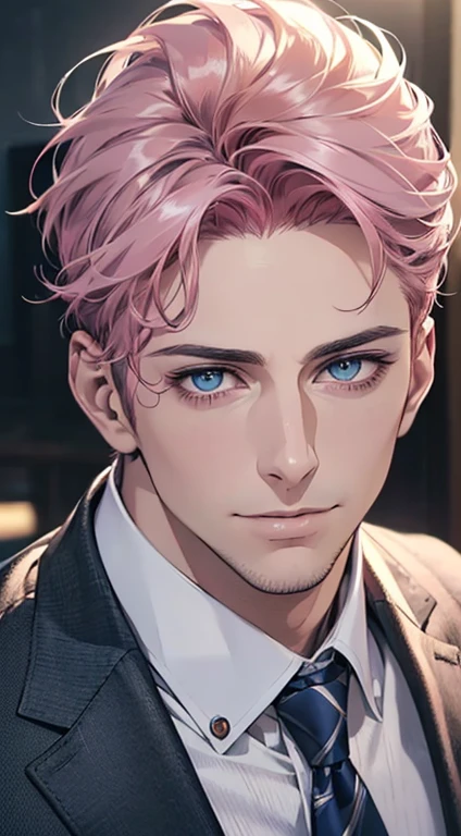 (best quality,4k,8k,highres,masterpiece:1.2),ultra-detailed,(realistic,photorealistic,photo-realistic:1.37),1 man,31 years old,mature man,very handsome,without expression,smile,short  pink hair,blue eyes,penetrating gaze,perfect face without errors,imposing posture,businessman,office background,cinematic lighting,hdr image