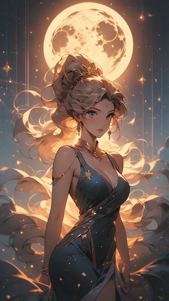 a close up of a cartoon of a woman in a dress, the sailor galaxia. beautiful, lunar goddess, celestial goddess, moon goddess, goddess of space and time, brittney lee, queen and ruler of the universe, cosmic goddess, goddess of greek mythology, venus goddess, goddess of light, goddess of the moon, ancient goddess