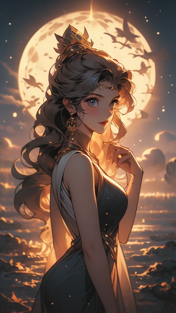 a close up of a cartoon of a woman in a dress, the sailor galaxia. beautiful, lunar goddess, celestial goddess, moon goddess, goddess of space and time, brittney lee, queen and ruler of the universe, cosmic goddess, goddess of greek mythology, venus goddess, goddess of light, goddess of the moon, ancient goddess