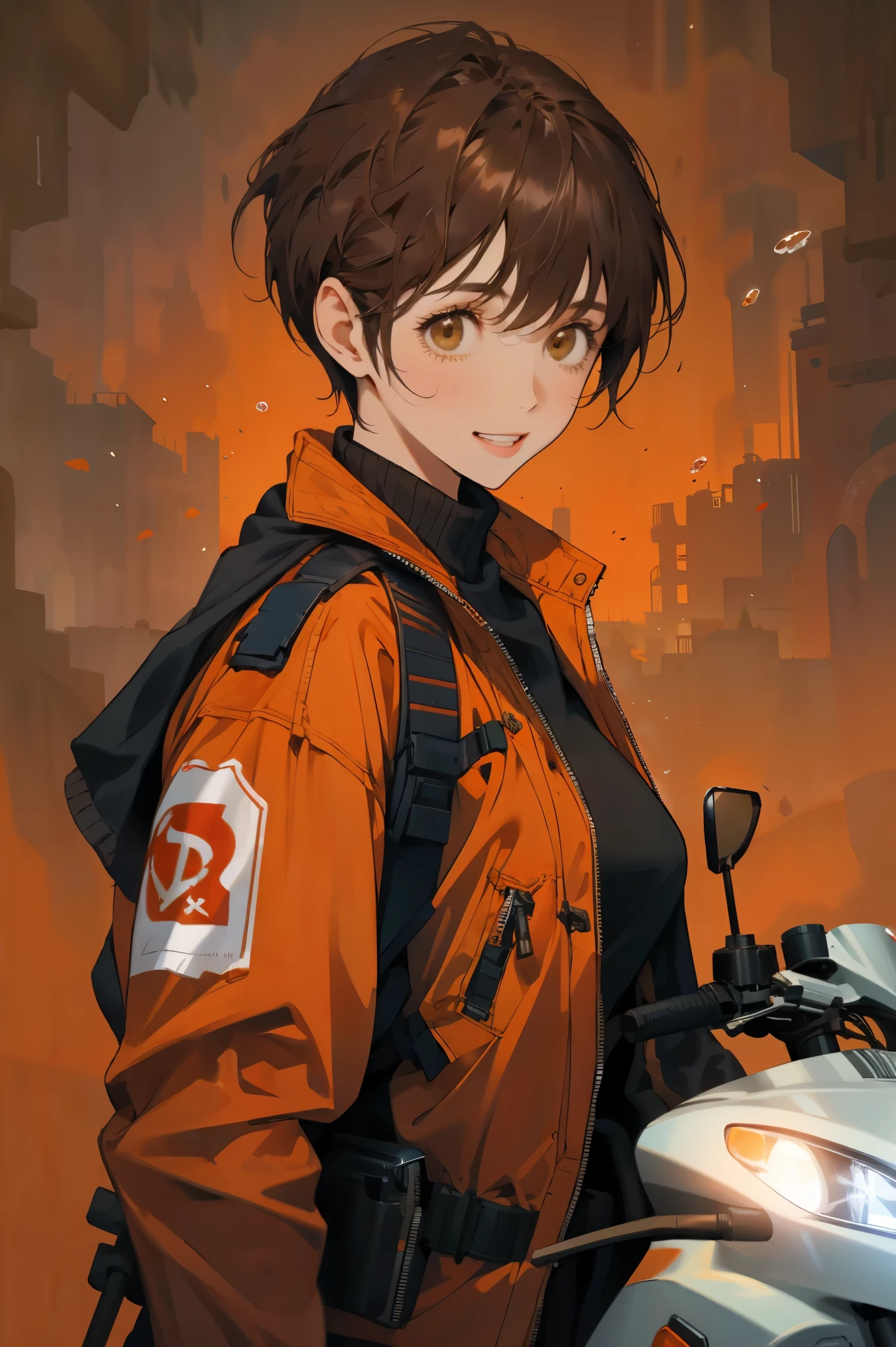 1 Girl, Solitary,Brown hair underwater, Brown eyes, parted Lips, Long sleeve, jacket, Simple background, Upper Body, Red background, Looking at the audience, teeth, red jacket, Lips, role play, whole body, Smile,motorcycle